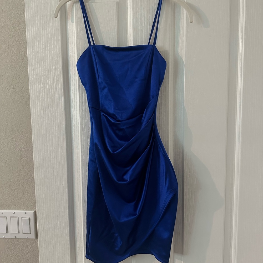 Windsor Square Neck Faux Wrap Royal Blue Satin Mini Dress - Homecoming